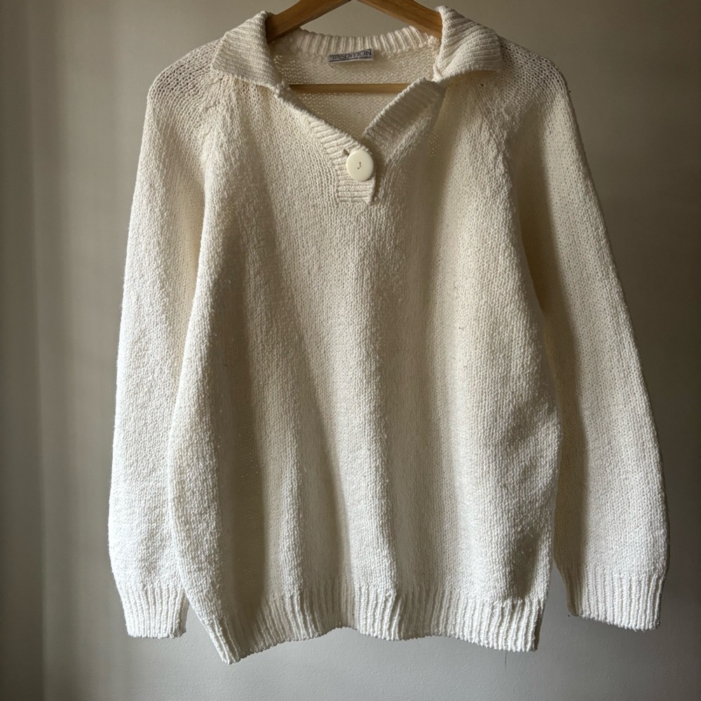 1990s Summer Cream Knit Sweater with Button Collar